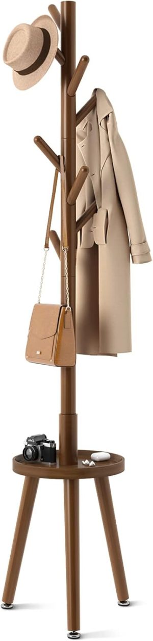 Coat Rack with 8 Hooks, Wooden Coat Rack Freestanding with Shelf, Coat Tree with 4 Height Options 50.5"-72.6", Coat Hanger Stand for Bags, Clothes, Umbrellas, Hats, in Home, Brown