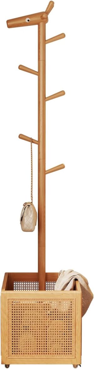 Wood Coat Rack,Coat Rack Freestanding with 5 Hooks,Coat Tree with Storage Basket for Bedroom, Entryway, Livingroom （Natural）