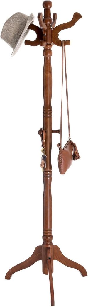 Coat Stand, Solid Wood Freestanding Coat Rack with 11 Hooks, Hall Tree for Bags, Purses, Hats, for Entryway, Hallway, Rubberwood, Walnut URCR05WN