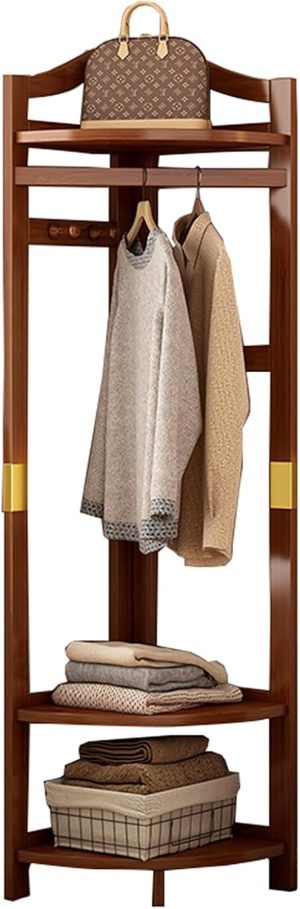 corner coat rack,corner hall tree,Solid wood clothes rack,Solid wood clothing rack with storage basket and hooks,corner garment rack for bedroom,living room,entryway,corner storage rack for clothes