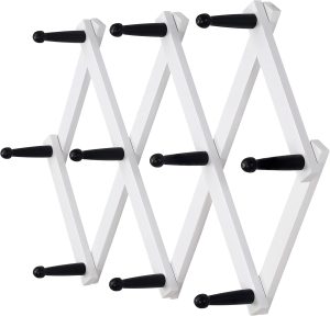 Accordian Wall Hanger: 16” High Wooden Wall Expandable Coat Rack, Hat Rack Holder, Accordion Hook for Baseball Caps, Coats, Mugs, 10 Peg Hooks, White & Black