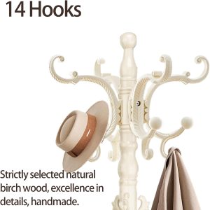Coat Rack Freestanding, Wooden Coat Tree with Stable Round Base, Vintage Heavy Duty Coat Rack Stand with 14 Hooks, Coat Hanger Stand for Bedroom, Office, Entryway (Ivory) - Image 2
