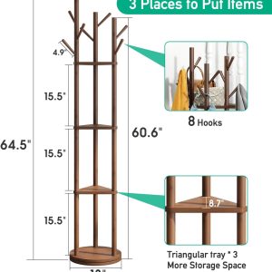 Rotary Coat Rack Stand with 8 Hooks, Bamboo Wood Coat Tree for Clothes/Bags/Hats, Large Coat Rack Freestanding for Entryway (Brown_triangle)