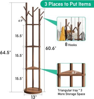 Rotary Coat Rack Stand with 8 Hooks, Bamboo Wood Coat Tree for Clothes/Bags/Hats, Large Coat Rack Freestanding for Entryway (Brown_triangle) - Image 2