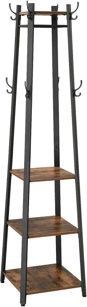 Coat Rack, Coat Stand with 3 Shelves, Hall Tree Free Standing with Hooks for Scarves, Bags, Umbrellas, Steel Frame, Industrial Style, for Entryway, Living Room, Rustic Brown and Black