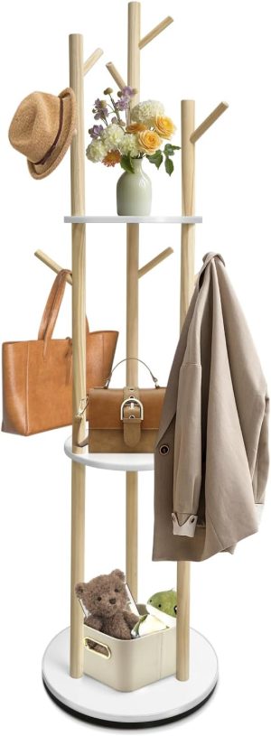 Rotary Coat Rack Freestanding,Solid Wood Coat Hanger Stand with 3 Shelves and 9 Hooks,Sturdy and Easy to Assemble Coat Hall Tree Stand for Entryway,Bedroom,Hanging Hats,Scarves,Bags(Natural)