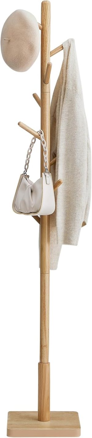 Solid Wood Coat Rack, Free Standing Hall Coat Tree with 8 Hooks, 3 Height Options, for Coats, Hats, Bags, Purses, for Entryway, Hallway, Rubberwood Hooks and Pole, Natural Beige