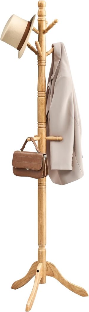 Solid Wood Coat Rack and Stand, Free Standing Hall Coat Tree with 10 Hooks for Hats, Bags, Purses, for Entryway, Hallway, Rubberwood, Natural Beige URCR003Y01