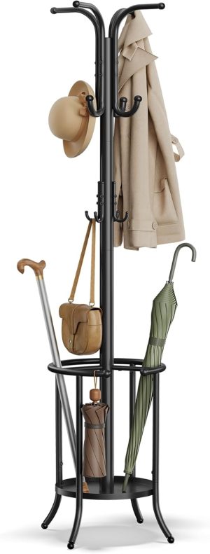 Freestanding Coat Rack with Umbrella Holder, Metal Stand with 12 Hooks, For Entryways, Hallways, Living Rooms, Bedrooms, Ink Black