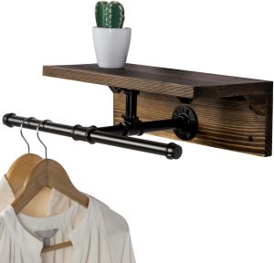 Wall Mounted Garment Rack with Top Rustic Burnt Solid Wood Shelf, Industrial Matte Black Metal Pipe Storage Clothing Hanger Rod and Display Shelf