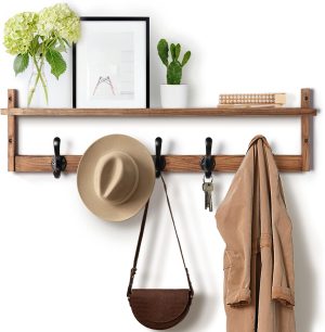 29'' Coat Rack Wall Mount with Shelf, Wood Wall Hooks with Storage, Entryway Shelf with 5 Hangers for Bathroom, Living Room, Bedroom, Rustic Brown