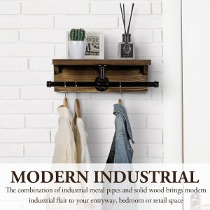 Wall Mounted Garment Rack with Top Rustic Burnt Solid Wood Shelf, Industrial Matte Black Metal Pipe Storage Clothing Hanger Rod and Display Shelf - Image 2