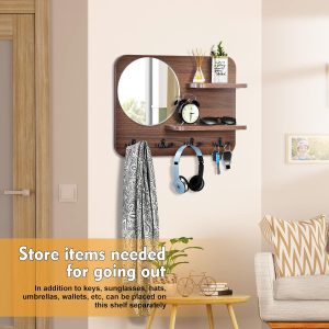 Coat Rack Rustic Wooden Wall Mounted Hanging Coat Rack with Mirror and 4 Double Hooks Decorative Entryway Hook Shelf for Hallway Living Room Bedroom 16"x12" (Brown) - Image 2