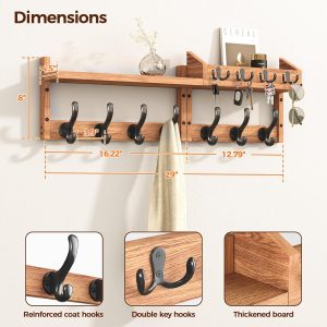 29" Coat Rack Wall Mount with Shelf, 4 in 1 Wall Mounted Coat and Key Hanger with 11 Hooks, Entryway Key Holder with Mail Holder for Living Room, Bedroom - Image 2