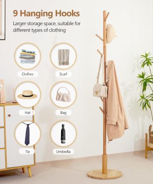 Solid Wood Coat Rack Stand with 9 Hooks, 3 Height Adjustable, Freestanding Clothes Tree Hanger for,Jacket, Hats, Scarves, bags, Bedroom, Office, Entryway - Image 2
