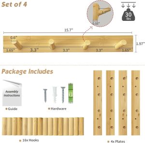Natural Wood Coat Rack Wall Mount Set of 4, Wooden Wall Hooks for Bathroom Towels, Vertical Coat Hanger for Kids Room, Boys Girls Bedroom, Office, Entryway Keys Hats and Shoes -16 Hooks - Image 2