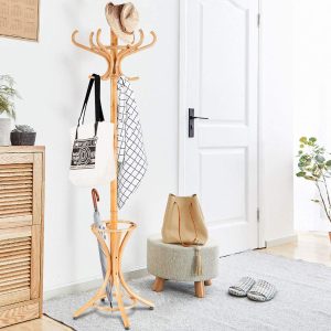 75.5" Standing Coat Rack, Wood Coat Tree with 12 Hooks, Home Hat Jacket Hanger Tree 12 with Umbrella Holder Coat Stand (Oak) - Image 2