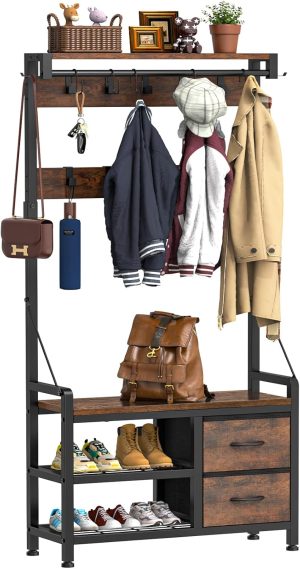 Hall Tree, 31.5” Entryway Bench with Coat Rack freestanding, 5 in 1 Intelligent Design Shoe Bench and Wall Rack 17 Hooks and Drawers (Rustic Brown)