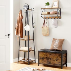 Coat Rack, Coat Stand with 3 Shelves, Hall Tree Free Standing with Hooks for Scarves, Bags, Umbrellas, Steel Frame, Industrial Style, for Entryway, Living Room, Rustic Brown and Black - Image 2