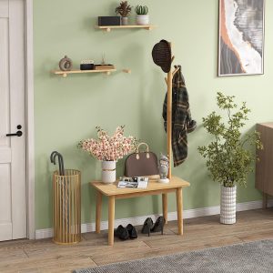 Coat Rack with End Table, Solid Wood Coat Tree with 2-in-1 Side Table & 4 Hooks for Hats, Bags & Coats, Freestanding Hanger Stand Hall Tree for Entryway, Bedroom, Living Room (Natural) - Image 2